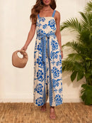 Macacão Feminino Boho Floral com Alças Finas e Perna Larga - Praia Férias Verão