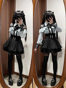 Women‘s Lolita Set Dark Femme Mesh Top & Waist Cinching Skirt, 2025 Autumn Japanese Street Style Coord for Gothic Baddie Fashion