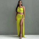 Conjunto Feminino 2 Peças com Top e Saia Longa com Fenda - Festa Clube Streetwear