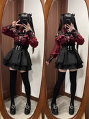Women‘s Lolita Set Dark Femme Mesh Top & Waist Cinching Skirt, 2025 Autumn Japanese Street Style Coord for Gothic Baddie Fashion