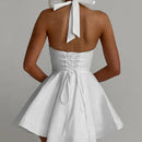 Vestido Mini Feminino Branco com Halter e Decote V - Sexy Costas Abertas Amarrão Evasê Festa Verão
