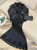 Women Two Piece Sets Skirt Set Turn Down Collar Lace Sexy Full Sleeve Tops Long Skirts High Waist Y2k Streetwear Elegant Work