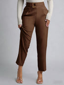 Women's Brown High Waist Suit Pants D-buckle Decor Ankle Length Straight Leg Pants Office Elegant Casual Spring Summer Trousers