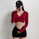 Women's Cross V-Neck Workout Top, Cropped Long Sleeve Open Back Shirt, Sexy Yoga Pilates Fitness Wear