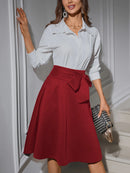 Women's Elegant High Waist Flared Midi Skirt with Bow Belt, Inclusive Fit, Stretch Knit Fabric, Versatile for Office and Party W