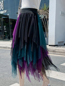 Women's Midi Skirt, Elegant Elastic Waist Contrast Color Autumn Tulle Skirt, Suitable for Street Party