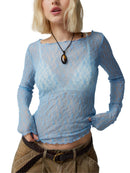 Women Lace Pullover TopS Retro Long Sleeve Round Neck See Through Solid Color Fitted T-Shirts Casual Blouse Streetwear Y2K 2000s