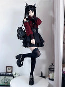 Women‘s Lolita Set Dark Femme Mesh Top & Waist Cinching Skirt, 2025 Autumn Japanese Street Style Coord for Gothic Baddie Fashion