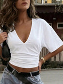 Cropped Franzido Feminino Decote V Manga Curta - Slim Casual Sexy Verão