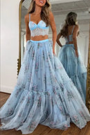 Women Boho 2 Piece Floral Chiffon Maxi Dress Sexy Summer Lace Corset Top & Tiered Flowy Tulle Skirt Set for Prom Wedding Party