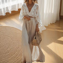 Women's Vacation Skirts 2 Piece Set Fashion Bohemian Outfits Sexy V-neck Long Sleeved Embroidery Blouse & Skirt Two Piece Set