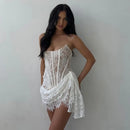 Vestido Mini Feminino Sexy Tomara que Caia com Renda e Franzido - Sem Alças Costas Abertas Festa Clube