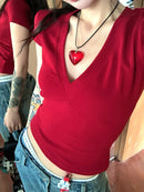 Camiseta Cropped Feminina Básica com Decote V e Manga Curta - Slim Sexy Cor Sólida Casual Streetwear Verão