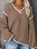 New Women's V-Neck Knit Sweater White Trim Plus Size Casual Fashion Pullover Bohemian Top for Fall Winter Chic y2k clothing