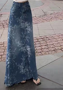 Floral Denim Midi Skirt for Women in Summer  Thin and High Waisted A-line Long Skirt  Loose and Slimming  Big Swing Skirt