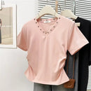Women's V-Neck Rivet Detail Ruched Short Sleeve T-shirt Casual Slim Fit Crop Top