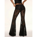 Womens Elegant Sheer Floral Lace See-through Long Pants Elastic High Waist Trendy Wide Leg Flared Trousers Streetwear