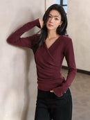 Elegant Ruched Cross V Neck Knit Top Slim Fit Long Sleeve Shirt for Women Chic Casual Early Spring Daily Base Layer Style Lady