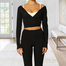 New Women Crop Wrap Tops Solid Color Tie up Hem V-Neck Fitted Long Sleeve Shirt For Club Streetwear Aesthetic Clothes S M L