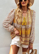 Boho lnspired Pink Floral Blouse Women V-neck Tassel Long Sleeve Bohemian Women Tops New Summer Fashion  Blouse Shirt For Women
