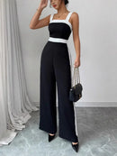 Macacão Feminino Preto com Detalhe Branco e Decote Quadrado - Urbano Chique