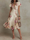 Boho Style Elegant Floral Print Long Dress Woman Spring V Neck High Waist Party Dress Summer Short Sleeve Zip Maxi Dress Vestido