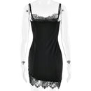 Vestido Mini Feminino Preto com Renda Floral e Alças Finas - Sexy Costas Abertas Slim Elegante Festa Clube