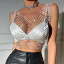 Women's Fishnet Rhinestone Crop Top Summer Sexy Mesh High Elastic Black White Shirt Net Semen Y2K Tank Tops See Through Crop Top