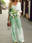 Fashion Top Pants Set Women O Neck Half Sleeve Printed Shirts Solid Color Wide Leg Long Pant Female Spring Clothing