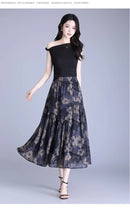 Women Floral Print Tiered Midi Skirt Elastic High Waist Pocketed Ruffle Hem Casual Boho Long Skirt