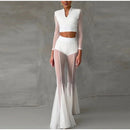 Women Pleated Elastic High Waist Fashion Evening Party Trousers See Through Mesh Pleated Flare Pants 2025 Summer Gown Chic Pants