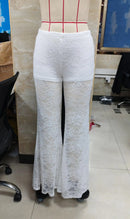 Womens Elegant Sheer Floral Lace See-through Long Pants Elastic High Waist Trendy Wide Leg Flared Trousers Streetwear