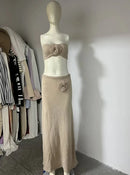 Female Knit 2 Piece-Set Long Skirt Floral Patchwork Tube Tops And High Waist Slim Beach Skirt Sets Knitwear Women Outfits