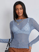 Women Lace Pullover TopS Retro Long Sleeve Round Neck See Through Solid Color Fitted T-Shirts Casual Blouse Streetwear Y2K 2000s