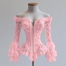 Off Shoulder Lace Blouse for Women Flare Sleeve Zipper Fly Solid Elegant Chic Sexy Hollow Out Long Sleeve Tops Irregular Hem Top