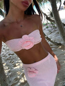 Female Knit 2 Piece-Set Long Skirt Floral Patchwork Tube Tops And High Waist Slim Beach Skirt Sets Knitwear Women Outfits