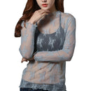 Women Lace Bottomed Blouse T-shirt Spring And Autumn Long Sleeve Mesh Crop Top Foreign Style Sexy Hollow Mesh Top High Neck 2024