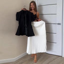 Elegant Short Sleeve Waist Single Breasted Top Pleated Midi Skirts Fashion A Line Skirt Set for Women 2026 Spring Female Outfits