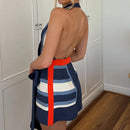 Vestido Curto Feminino Vintage com Listras e Halter - Sem Manga Costas Abertas Amarrão Casual Férias Verão 2025