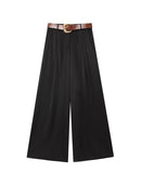 High Waist Wide Leg Pants for Women Fashion Belted Front Darts Side Pockets Female Trousers