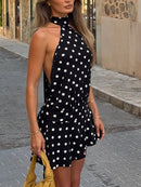 Vestido Mini Feminino com Estampa de Bolinhas e Amarração - Sexy Sem Manga Slim Patchwork Costas Abertas