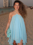Vestido Mini Feminino Y2K com Halter e Franzido - Ombro Frio Costas Abertas Barra Irregular Sexy
