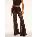 Womens Elegant Sheer Floral Lace See-through Long Pants Elastic High Waist Trendy Wide Leg Flared Trousers Streetwear