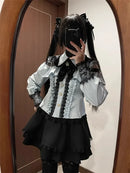 Women‘s Lolita Set Dark Femme Mesh Top & Waist Cinching Skirt, 2025 Autumn Japanese Street Style Coord for Gothic Baddie Fashion