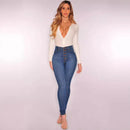 Women High Waist Elastic Slim Fit Skinny Jeans Lady Vintage Button Pencil Long Pants Narrow Straight Wrap Hips Casual Trousers