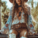 Women V-neck Ethnic Style Long-Sleeved Top Flower Print Lace Spliced Bohemian Vacation Casual Blouse Shirt Vintage Spring Top