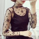 Elegant Lace T-shirt For Women Mesh Long Sleeve Tops See Through Top Transparent Sheer Blouse  High Neck Bottoming Shirts