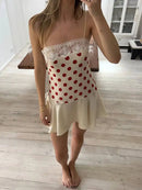 Vestido Mini Feminino Vermelho com Poa e Alças de Cetim - Sexy Sem Manga Costas Abertas Slim Praia Clube