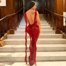 Sexy Spaghetti Strap Backless Floral Lace Dress Women Night Club Party See Through Tassel Prom Long Dresses Vestidos De Fiesta