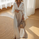 Women's Vacation Skirts 2 Piece Set Fashion Bohemian Outfits Sexy V-neck Long Sleeved Embroidery Blouse & Skirt Two Piece Set
